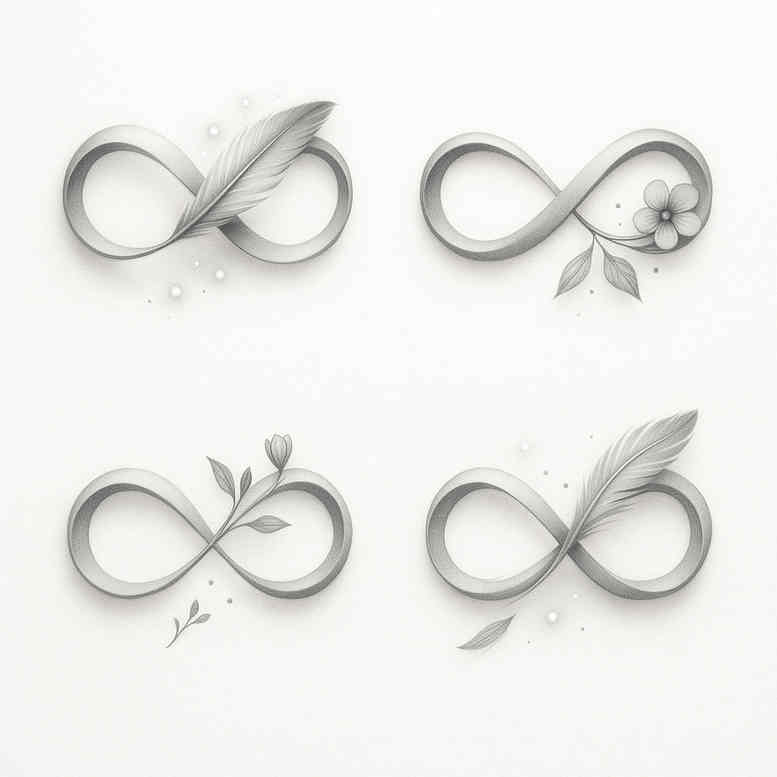 Black and grey minimalistic infinity tattoo design with delicate leaf accents; a project concept, grayscale linework, suitable for fine line placement; not specifically a cover-up.