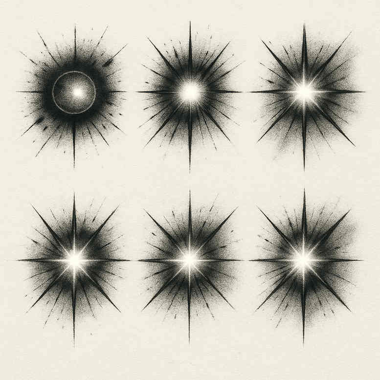 Six black and grey starburst motifs on a pale skin tone; a project idea for a minimalist tattoo design.