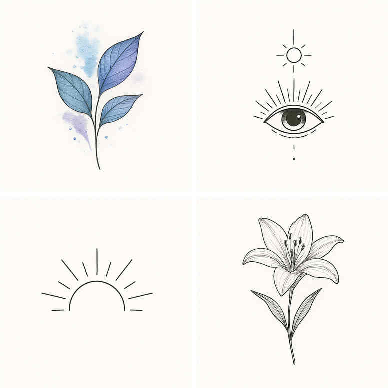Leaf, eye, sun, and flower in a blue-toned minimalist line style; black and grey ink; project idea; not a finished piece.