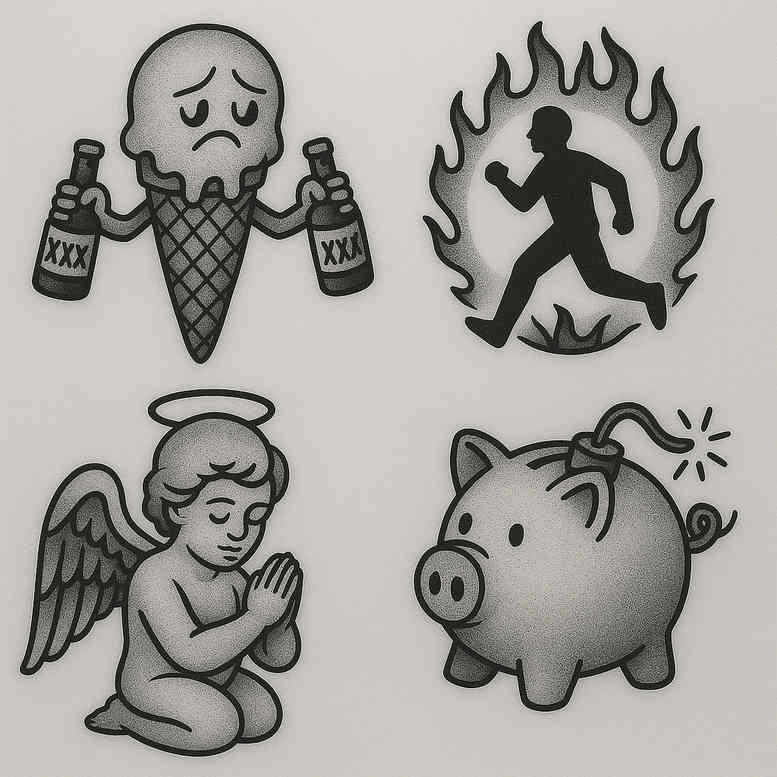 Black and grey minimalist tattoo design idea in a four-spot layout: skull with bottles, praying angel, running silhouette through flames, and piggy bank; project concept.