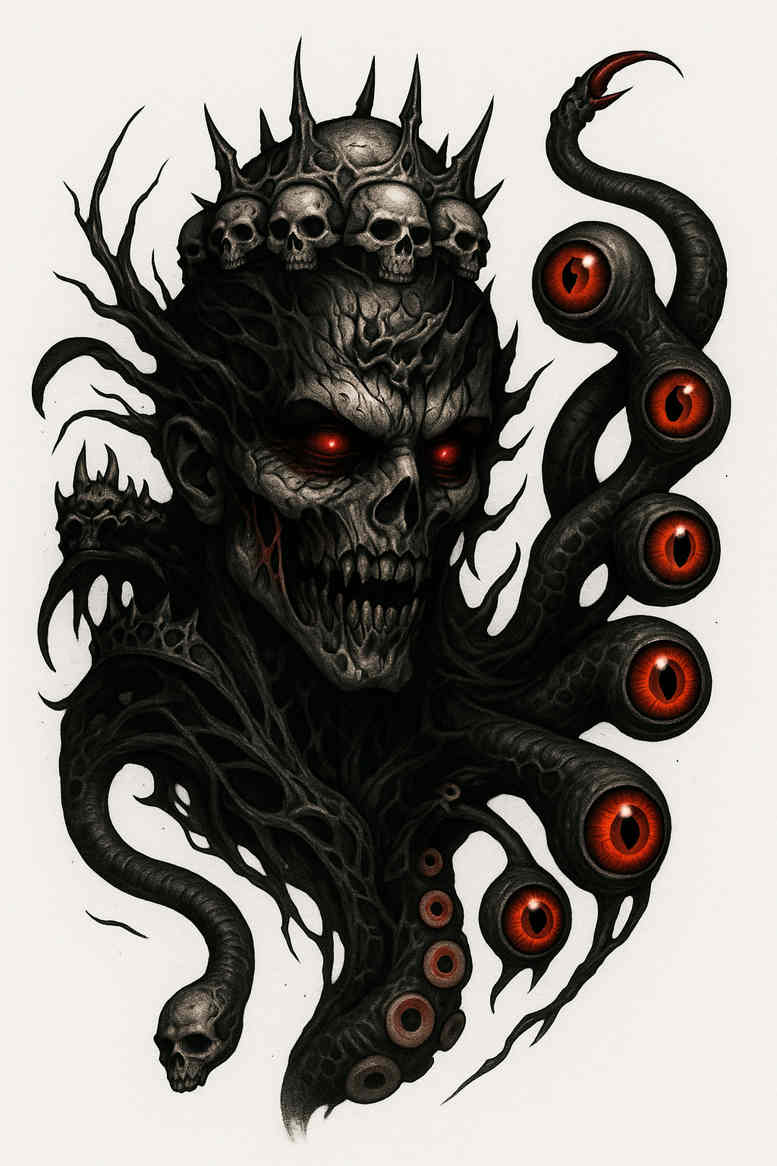Black and grey demon monstrosity with a skull-like head and twisting tentacles, accented by red eyes; project idea for a tattoo design, perfect for cover-up.