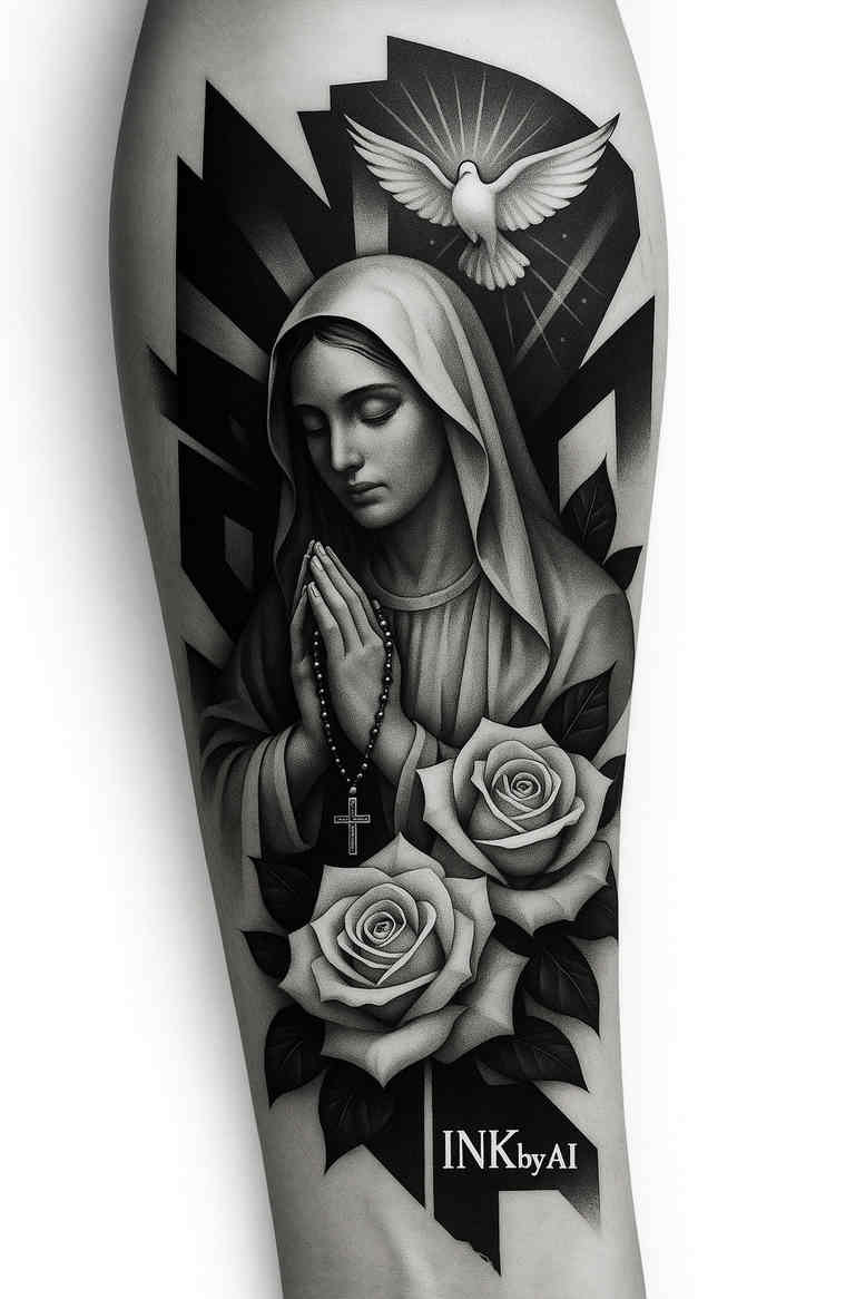 Portrait of a nun with a dove and roses in black and grey, a tattoo design concept; AI-generated project, cover-up ready.