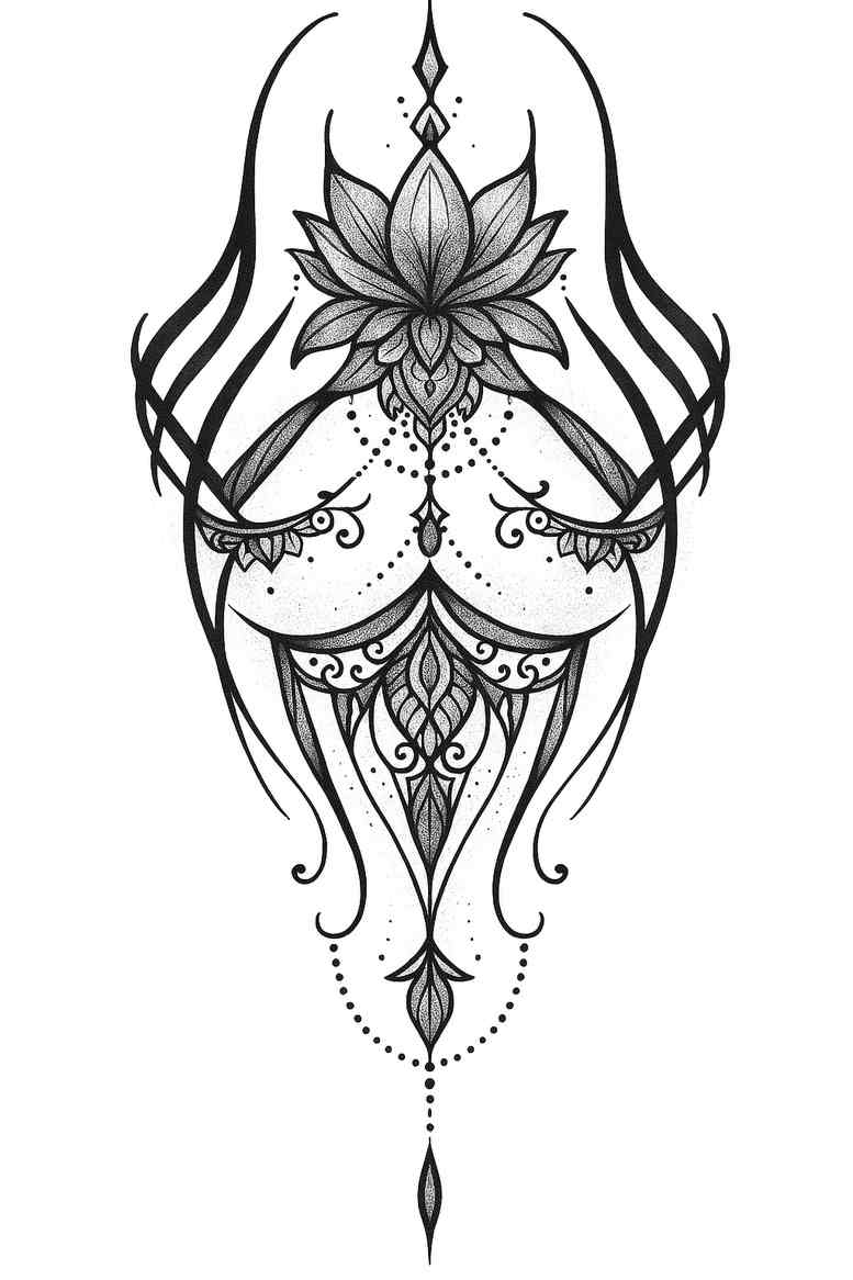 Ornamental lotus mandala tattoo in black and grey, conceptual project/idea for a refined linework design.
