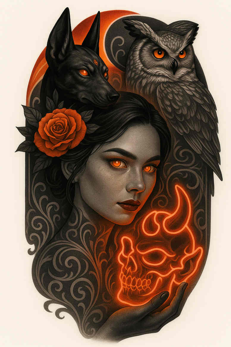 Colorful illustrative tattoo design in color showing a woman's portrait with an owl, a rose, and a fiery skull motif; a project concept with cover-up potential.