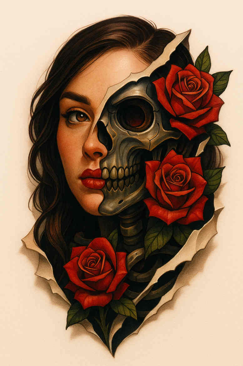 Color portrait of a woman's face merging into a skull with red roses, a project idea for a neo-traditional tattoo design.