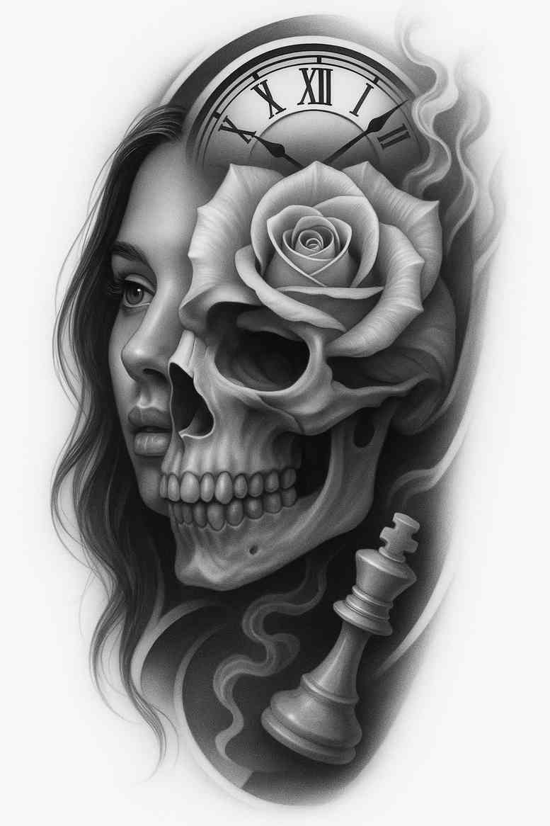 Skull with rose and clock in black and grey realism; a tattoo design concept, AI-generated project ideal for cover-up.
