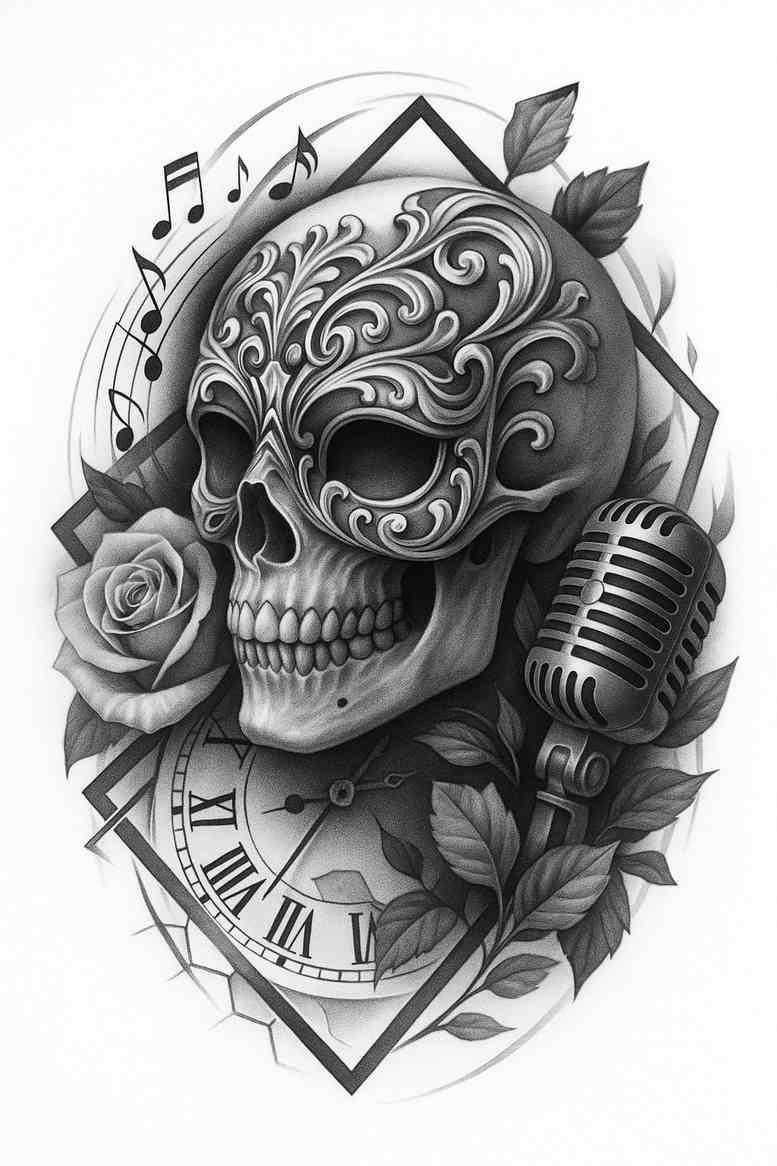 Black and grey tattoo concept featuring a skull, clock, microphone, and rose in a project/idea; cover-up potential.