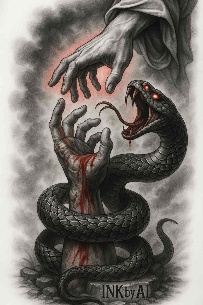 Snake and hand tattoo in black and grey realism; a cobra coils around a forearm hand with bold shading, concept idea, cover-up ready.