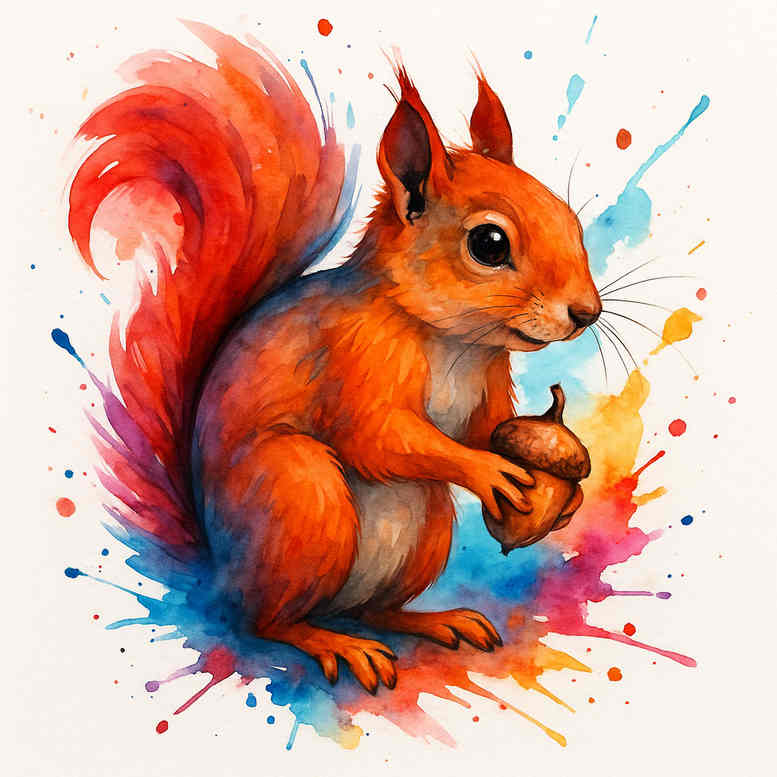 Squirrel portrait in vivid watercolor colors with paint splashes around a fluffy-tailed rodent; color tattoo; concept sketch for a nature-inspired tattoo design; suitable for display, not primarily for cover-up.