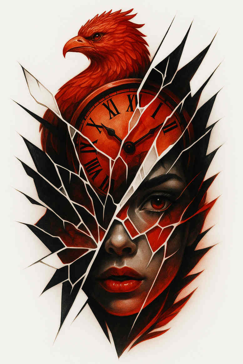 Color tattoo concept of a surreal split-face portrait where a woman's face is fractured by glass shards revealing a phoenix behind; a project idea with cover-up potential.