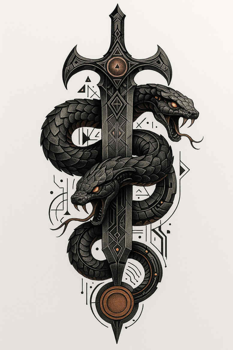 Black and grey tattoo design of a sword with a snake wrapped around it; a project idea, suitable for cover-up.
