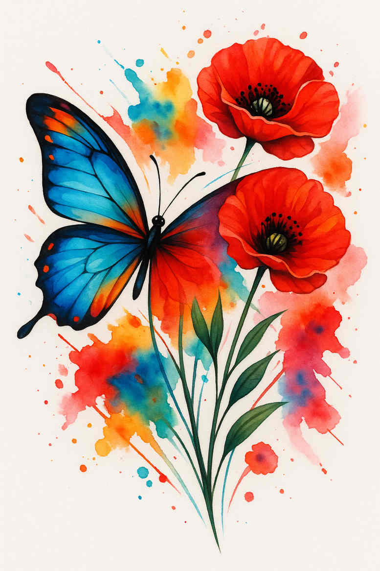 Colorful watercolor tattoo idea of a butterfly and poppies; AI-generated concept; not a cover-up.