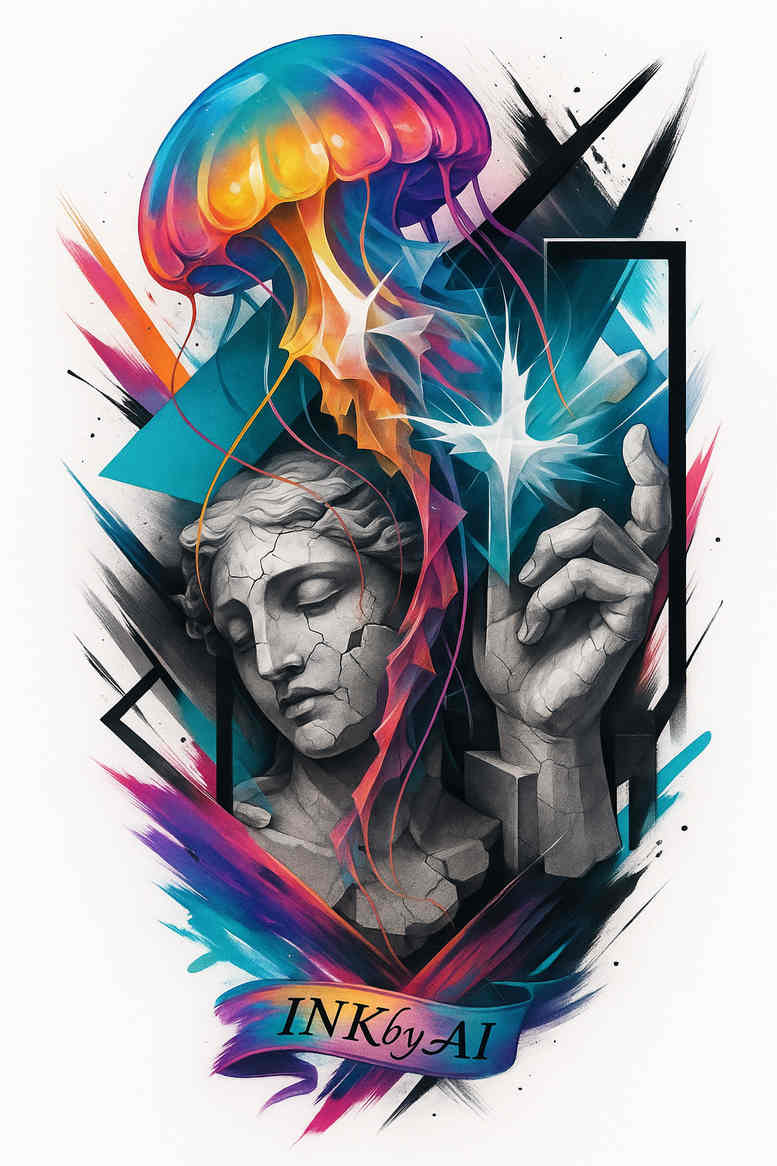 Colorful tattoo in color featuring a grayscale portrait with a vibrant jellyfish; a project/idea.