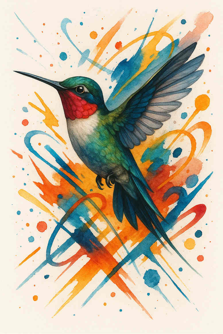 Colorful watercolor hummingbird tattoo in color, shown as a project idea with a dynamic splash background.
