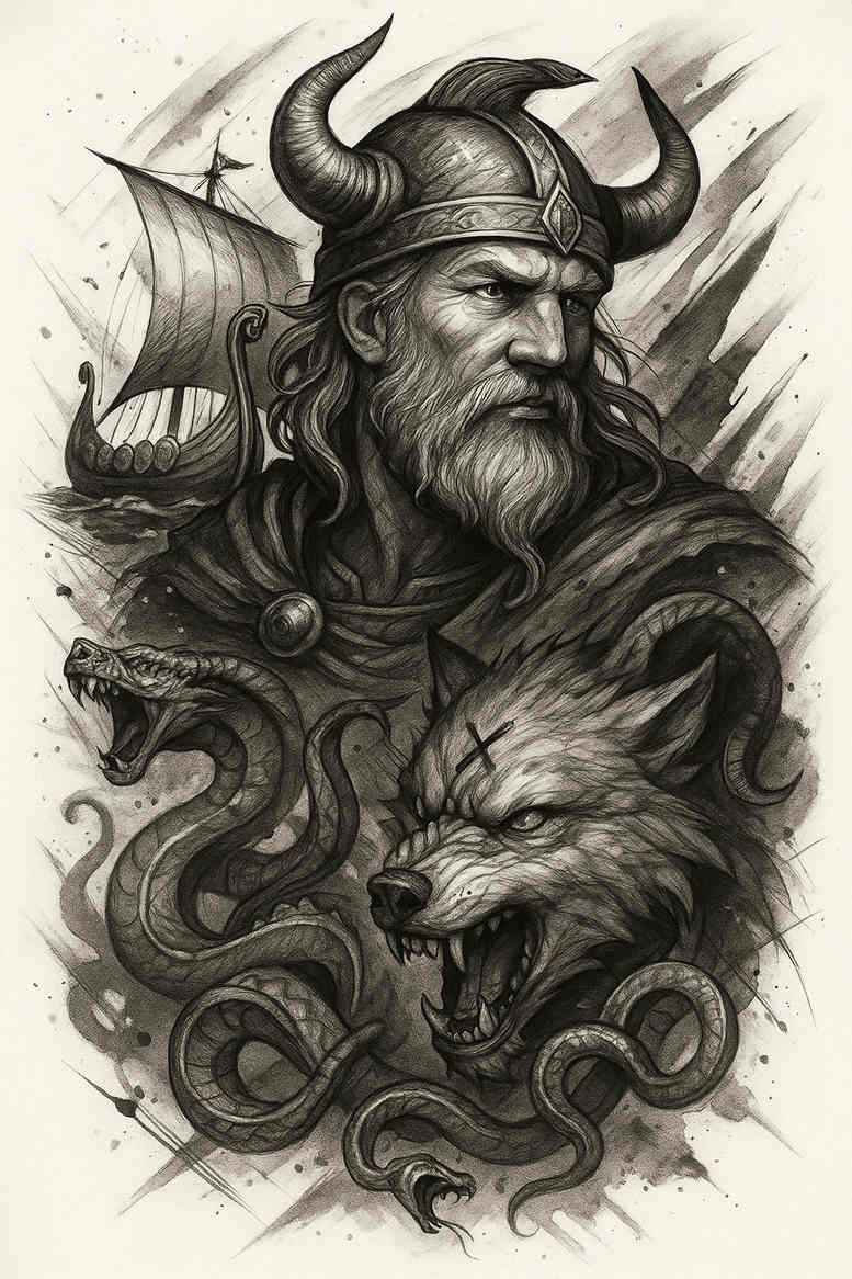 Viking warrior with dragon head and swirling shadows, black and grey realism; AI-generated concept, project/idea, cover-up suitable.