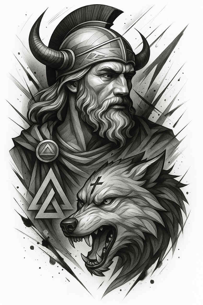 Viking warrior and snarling wolf tattoo in black and grey; a project idea suitable for cover-up.