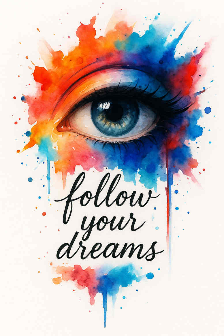 Eye tattoo in color watercolor style with splash gradients and the phrase follow your dreams; project idea; not a cover-up.
