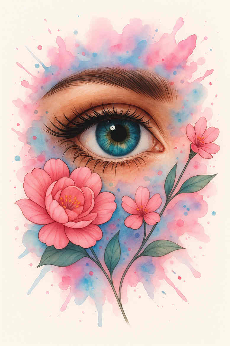 Colorful watercolor tattoo design of a blue eye surrounded by pink blossoms, a concept piece for a potential project.