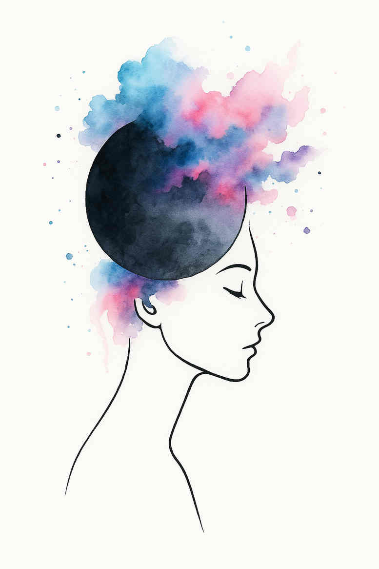 Portrait of a woman's face in color watercolor with a vibrant splash around the head; color tattoo concept, project idea.