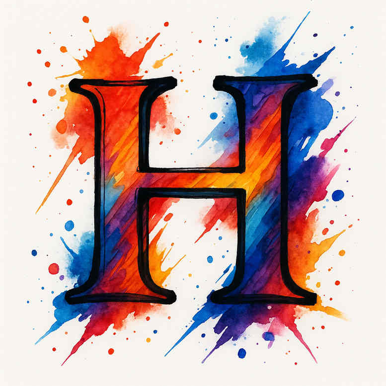 Letter H in a bold serif form, colored watercolor splash on the left in red-orange and on the right in blue; a project idea for a tattoo design, with cover-up suitability noted.