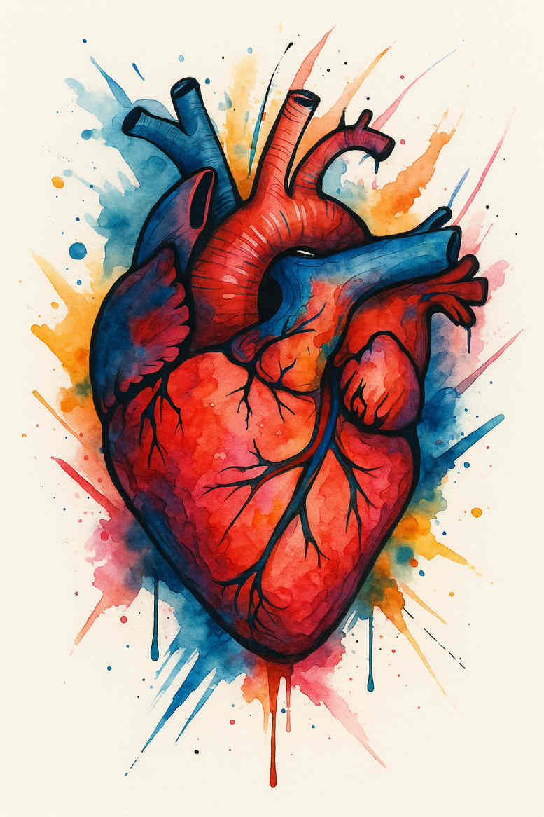 Colorful heart tattoo in full color with blue and orange watercolor splash; project concept for a tattoo design; not intended for cover-up.