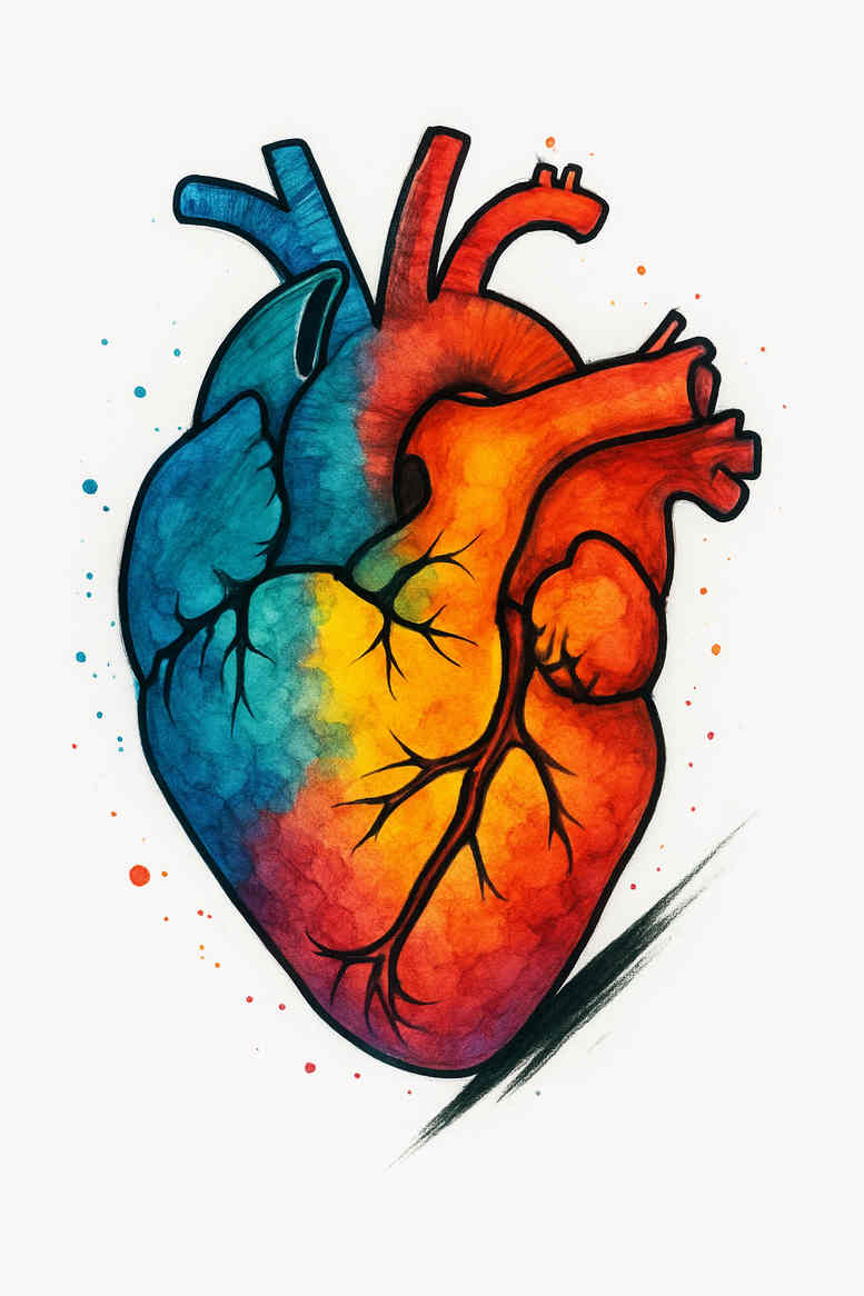 Colorful watercolor heart tattoo design concept showing an anatomical heart with blue and red washes and splashes; a project/idea for a color tattoo, suitable as cover-up option.
