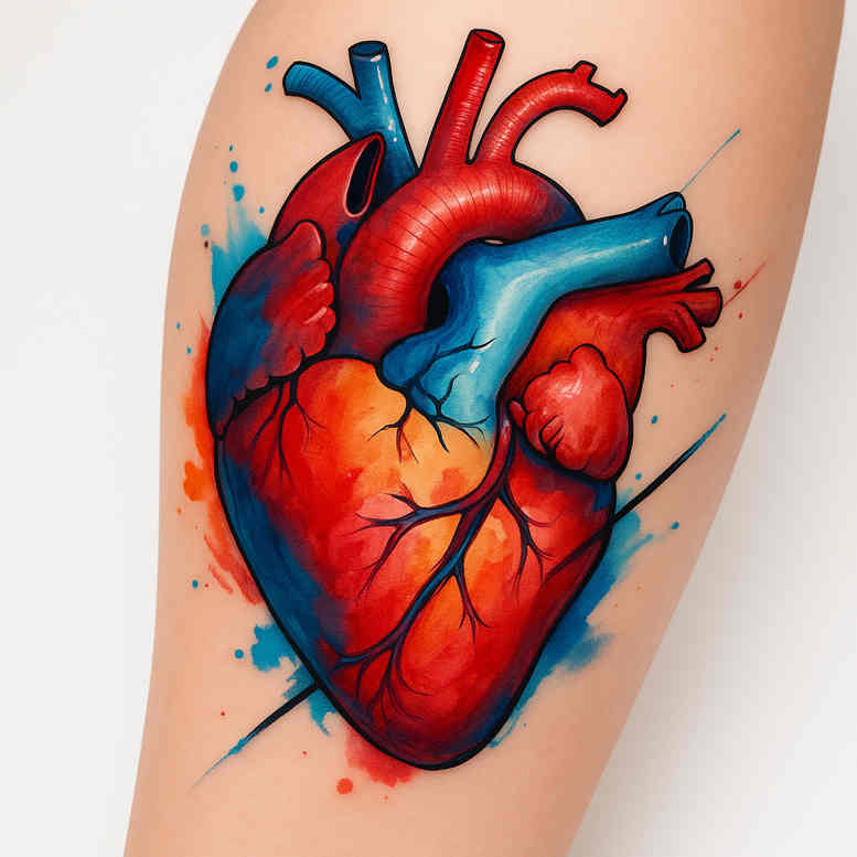 Colorful watercolor heart tattoo in color with red and blue hues; concept idea for a project.