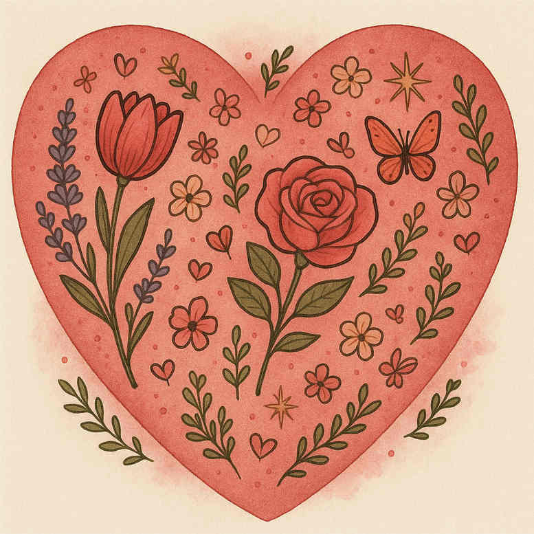 Colorful watercolor heart tattoo design with roses, small flowers, leaves, and a butterfly; color illustration, project idea, not a cover-up.