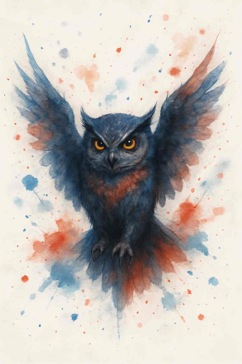 Owl with blue watercolor feathers and orange eyes, color tattoo concept; this is a project/idea for a tattoo design; not intended as cover-up.