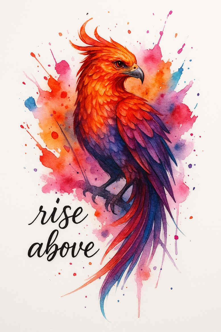 Colorful watercolor parrot tattoo in color, concept project; parrot perched with splashes of vibrant hues; perfect as a project idea.