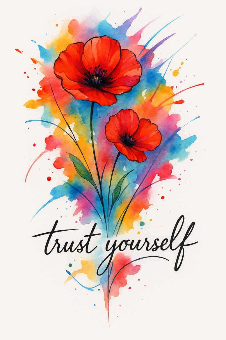 Colorful watercolor tattoo design showing two red poppies with blue splash accents and the script trust yourself; color illustration; concept idea for a floral tattoo, not intended for cover-up.