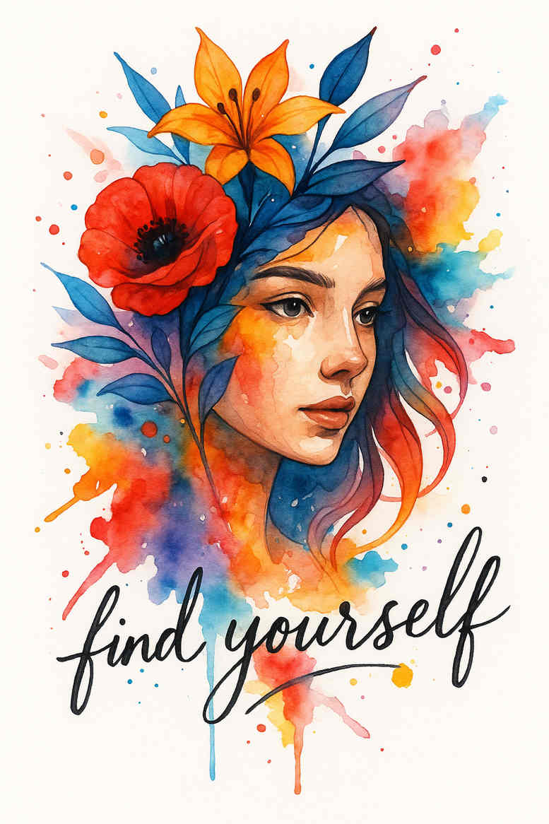 Portrait of a woman with a vibrant watercolor flower crown in color; project idea for a tattoo design; not a cover-up.