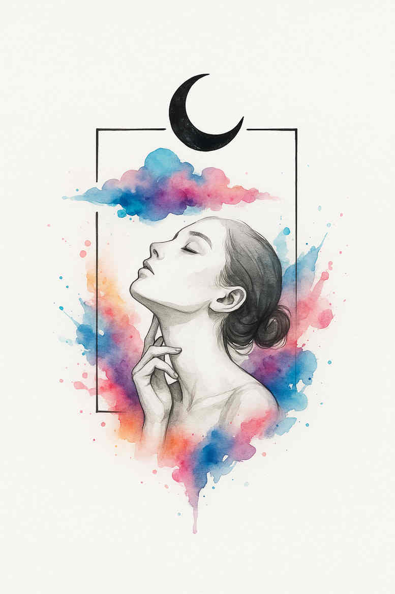 Portrait of a woman in watercolor, with a crescent moon above and clouds in a colorful wash; this is a color tattoo design concept.