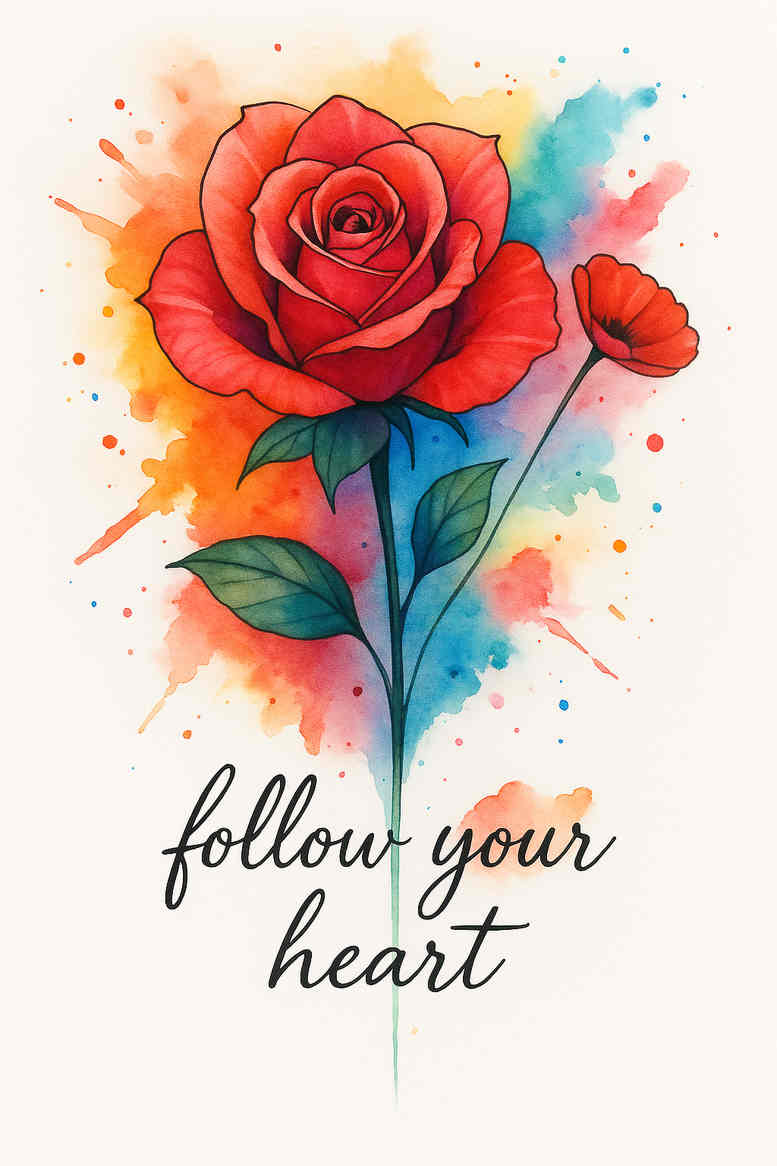 Colorful watercolor rose with leaves and script text, a color tattoo idea; project concept.