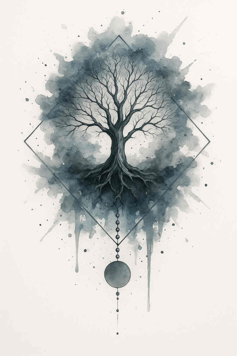 Blue watercolor tree silhouette with diamonds and a circle pendant; color tattoo concept, AI-generated idea, not specifically designed for cover-up.