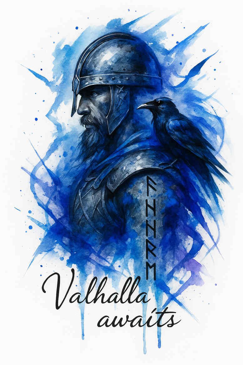 Viking warrior wearing a helmet rendered in blue watercolor style; colored tattoo concept, project idea; suitable for cover-up depending on placement.