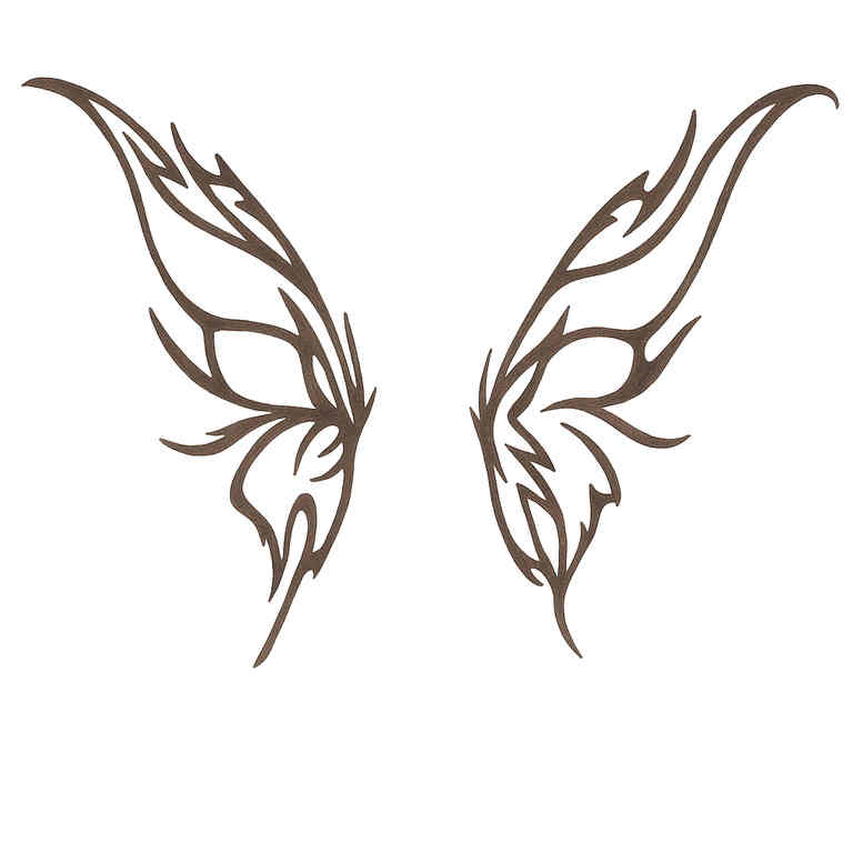 Winged silhouette pair in black ink, fine line style; a project concept for a delicate wing tattoo in black and grey, AI-generated concept.