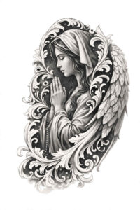 Virgin Mary with wings in black and grey realism, a tattoo design concept, AI-generated idea.