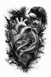 Heart with arteries and splatter in black and grey; a project concept for a realistic heart tattoo, cover-up suitable.