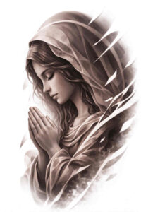 Virgin Mary praying in grayscale portrait, black and grey tattoo design idea, project concept.