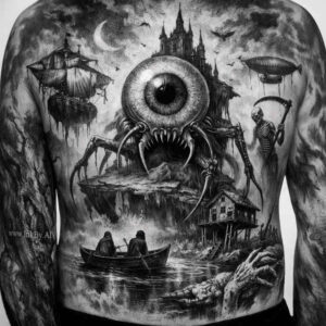 Black and grey tattoo, a giant eye dominates the back above a seascape with a distant city and moon; project idea, cover-up friendly.