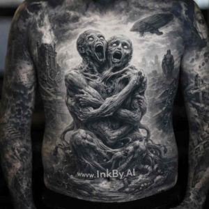 Back tattoo design in black and grey realism showing two entwined figures against a dark, shadowy backdrop; AI-generated project, ideal for cover-up.