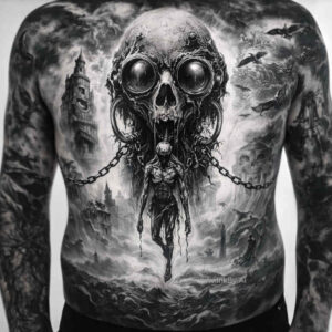 Black and grey tattoo design idea: central skull with gas mask, chained, over a ruined city; project concept, cover-up ready.