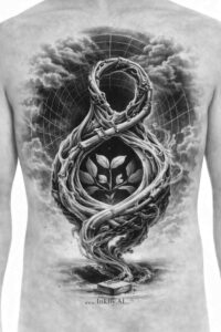 Black and grey tattoo design of an ouroboros ring wrapped by a skeletal serpent on the back; AI-generated concept with cover-up potential.