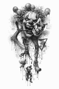 Dark monochrome skull with chain and blade; black and grey project concept for a cover-up tattoo.