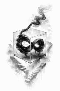 A black and grey geometric cube with smoke and eye-like hollows, an AI-generated concept for a cover-up tattoo.
