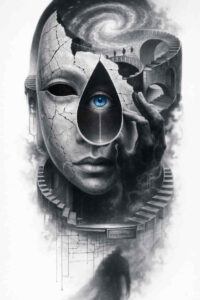 Portrait of a grayscale surreal figure with a central blue eye; black and grey ink, AI-generated concept, suitable for cover-up.
