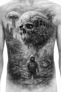Skull and ruined cityscape with a lone man in grayscale; AI-generated, black and grey tattoo design, a project concept ready for cover-up.