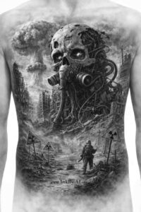 Black and grey tattoo design concept (AI-generated) of a towering demon with tentacles and gas-mask head above a lone human on a ruined shoreline; cover-up-ready.