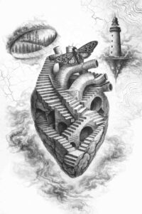 Black and grey biomechanical heart tattoo design showing gears, a spiraling staircase, and a small rocket; project idea, cover-up suitable.